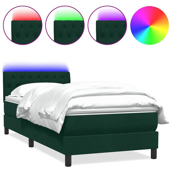 vidaXL Cama box spring con colch&oacute;n y LED terciopelo verde oscuro 80x220 cm