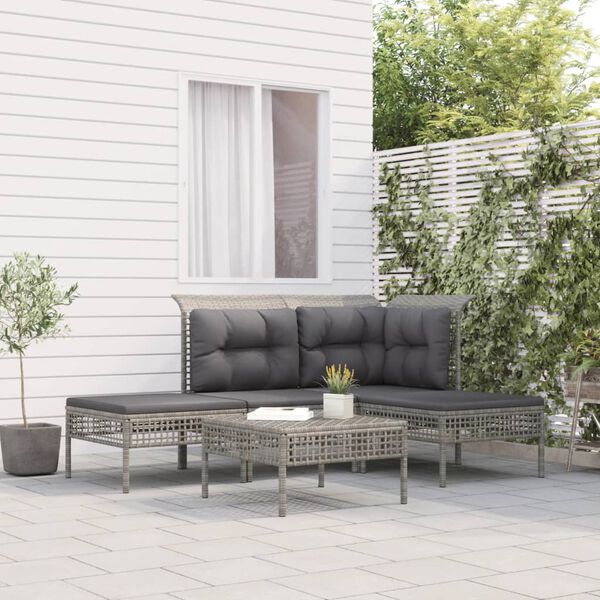 vidaXL Set de muebles de jard&iacute;n 5 pzas y cojines rat&aacute;n sint&eacute;tico gris