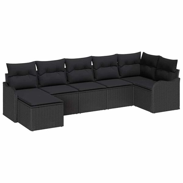 vidaXL Conjunto de sof&aacute; de jard&iacute;n con coj&iacute;n 7 pcs Negro Polirat&aacute;n