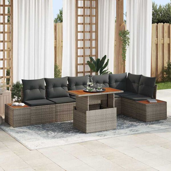 vidaXL Conjunto de sof&aacute; de jard&iacute;n 7 pcs Gris Polirat&aacute;n