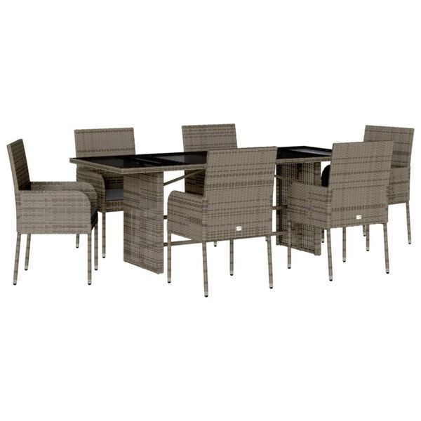 vidaXL Set comedor jard&iacute;n 7 pzas y cojines rat&aacute;n sint&eacute;tico gris