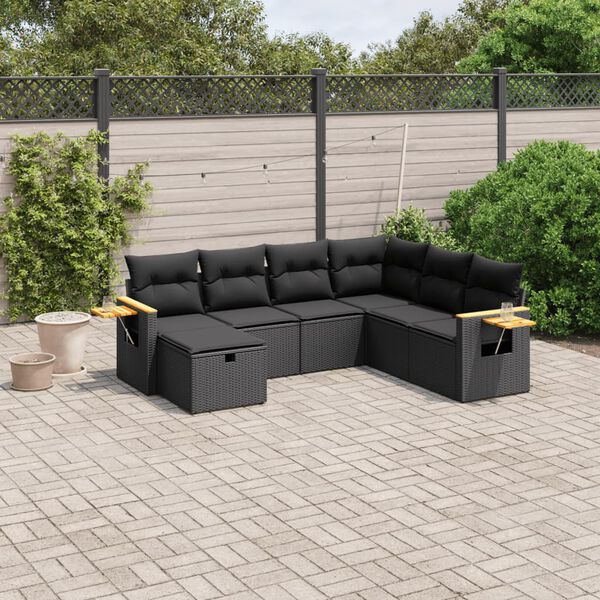 vidaXL Set de comedor de jard&iacute;n 7 pzas y cojines rat&aacute;n sint&eacute;tico negro
