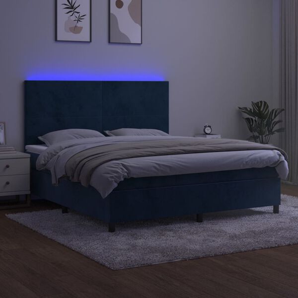 vidaXL Cama box spring colch&oacute;n y LED terciopelo azul oscuro 180x200 cm