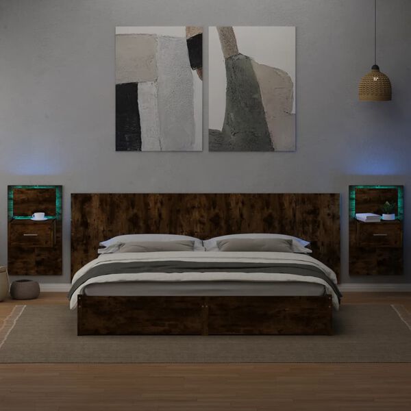 vidaXL Cabecero cama con mesitas madera ingenier&iacute;a roble ahumado 240cm