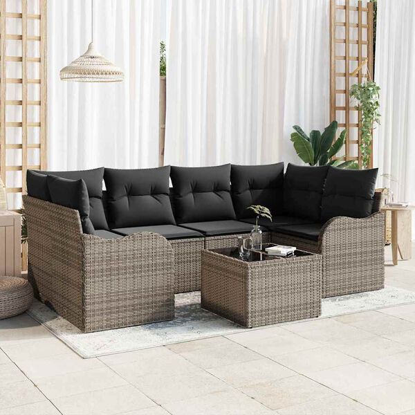 vidaXL Conjunto de sof&aacute; de jard&iacute;n 7 pcs Gris Polirat&aacute;n, Acero y Vidrio
