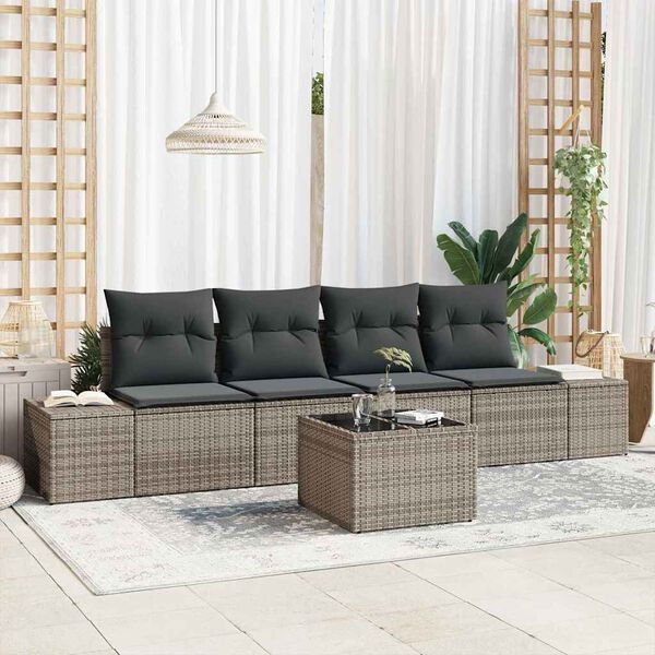vidaXL Conjunto de sof&aacute; de jard&iacute;n con coj&iacute;n 5 pcs Gris rat&aacute;n sint&eacute;tico