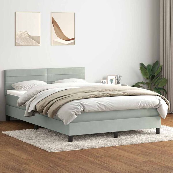 vidaXL Cama box spring con colch&oacute;n y LED terciopelo gris claro 160x220 cm