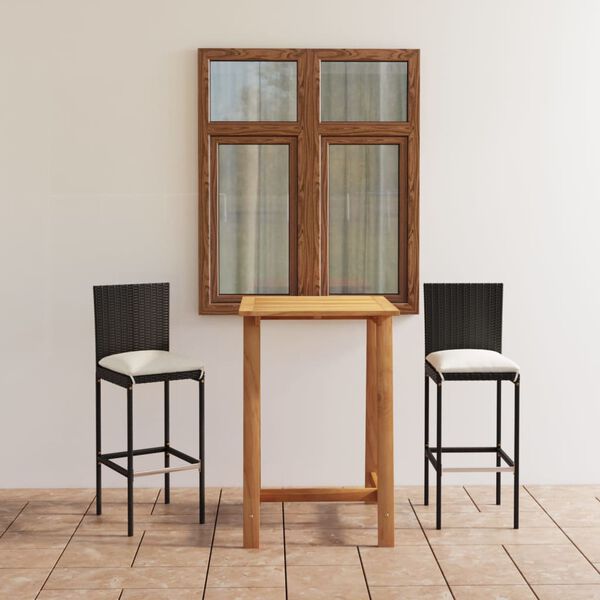 vidaXL Conjunto de bar para jardín 3 piezas con cojines negro