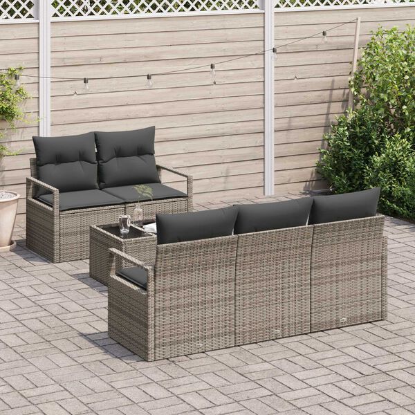 vidaXL Conjunto de sof&aacute; de jard&iacute;n con coj&iacute;n 6 pcs Gris rat&aacute;n sint&eacute;tico
