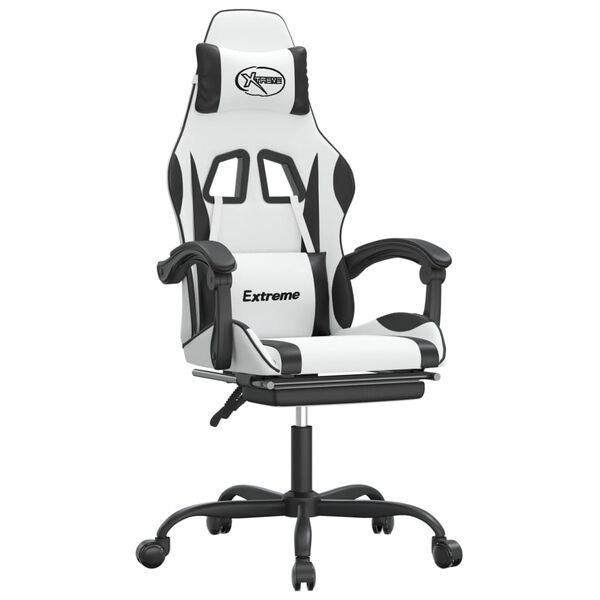 vidaXL Silla gaming giratoria reposapi&eacute;s cuero sint&eacute;tico blanco negro