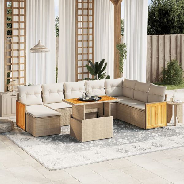vidaXL Set de sof&aacute;s de jard&iacute;n 9 pzas con cojines rat&aacute;n sint&eacute;tico beige