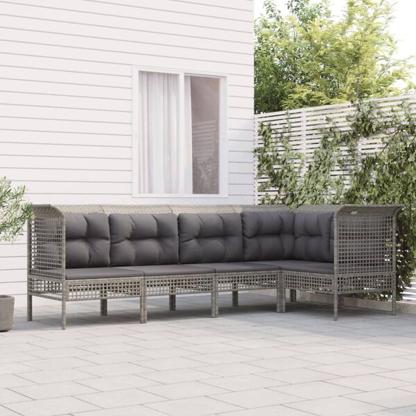 vidaXL Set de muebles de jard&iacute;n 5 pzas y cojines rat&aacute;n sint&eacute;tico gris