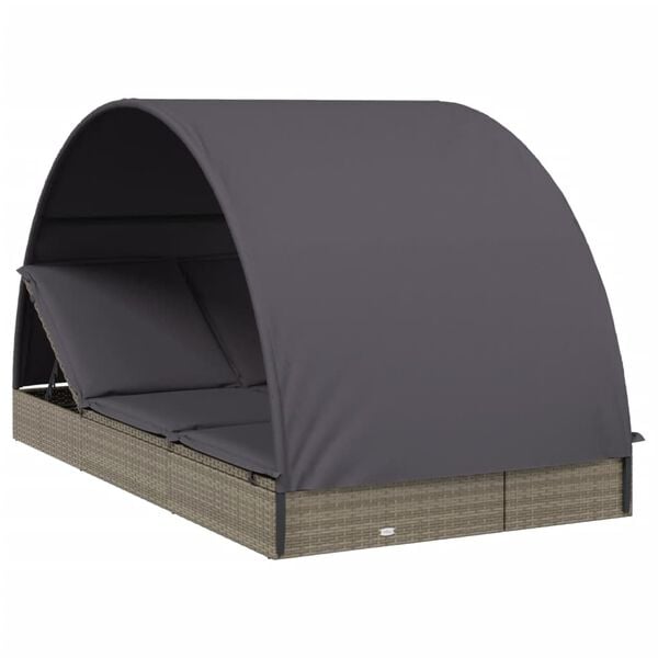 vidaXL Tumbona 2 personas toldo redondo rat&aacute;n PE gris 211x112x140 cm