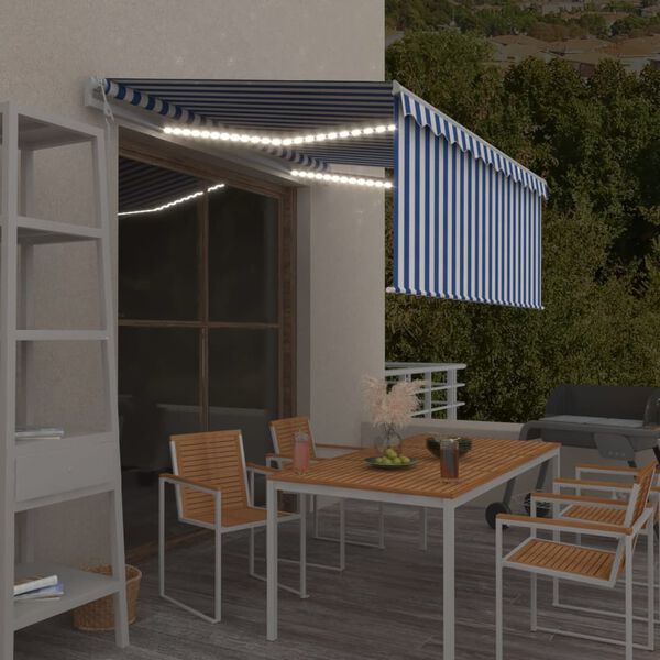 vidaXL Toldo autom&aacute;tico persiana LED sensor viento azul blanco 3x2,5 m
