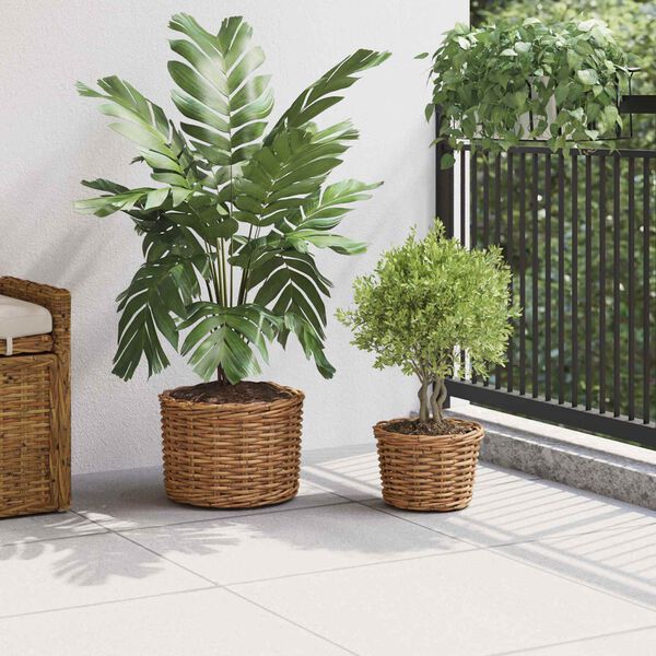 vidaXL Cesta para Plantas con almacenamiento 2 pcs Marr&oacute;n Rat&aacute;n Kubu