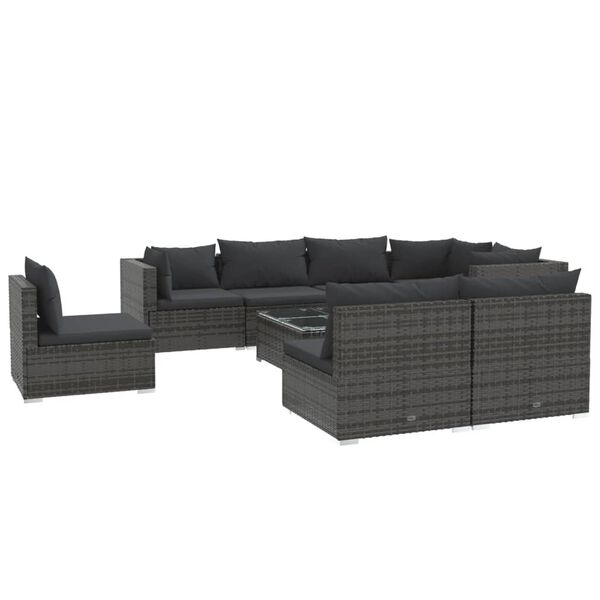 vidaXL Set de muebles de jard&iacute;n 9 pzas y cojines rat&aacute;n sint&eacute;tico gris