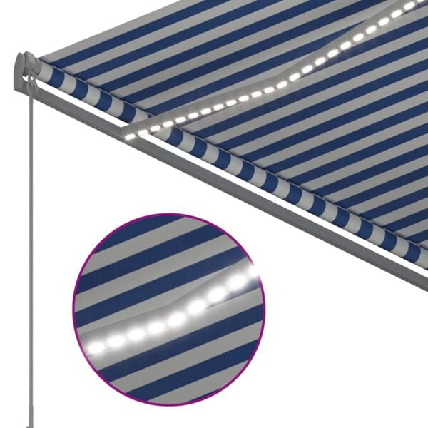 vidaXL Toldo autom&aacute;tico LED sensor de viento azul y blanco 3,5x2,5 m