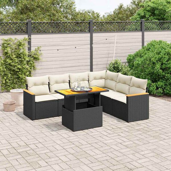 vidaXL Set de comedor de jard&iacute;n 7 pzas y cojines rat&aacute;n sint&eacute;tico negro
