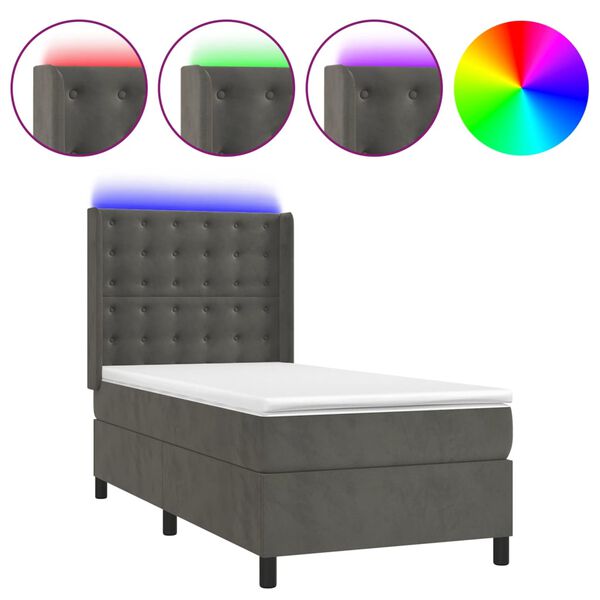 vidaXL Cama box spring colch&oacute;n y LED terciopelo gris oscuro 90x190 cm