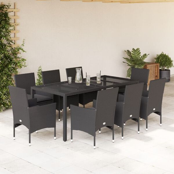 vidaXL Set comedor jard&iacute;n 9 pzas cojines rat&aacute;n sint&eacute;tico vidrio negro