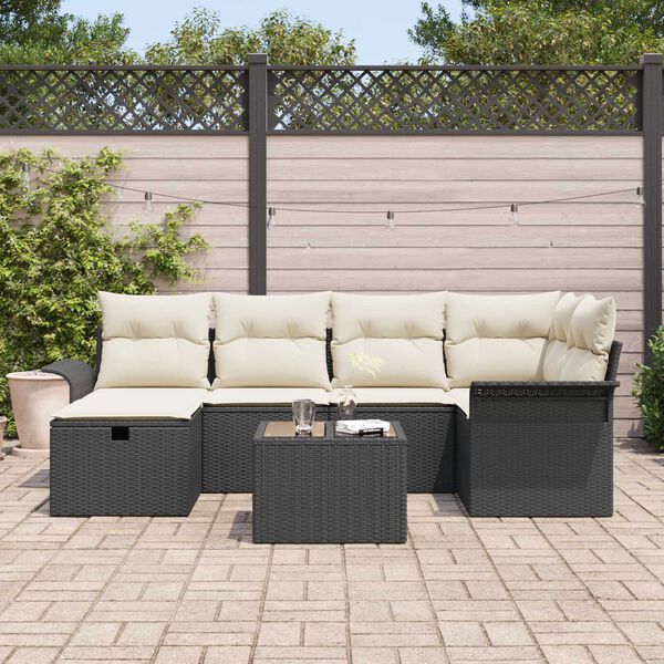 vidaXL Conjunto de sof&aacute; de jard&iacute;n 7 pcs Negro y crema rat&aacute;n sint&eacute;tico