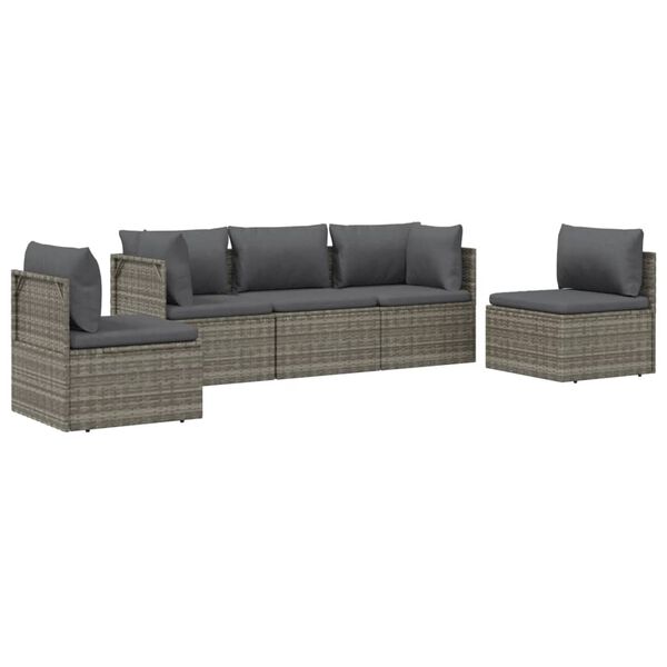 vidaXL Set de muebles de jard&iacute;n 5 pzas y cojines rat&aacute;n sint&eacute;tico gris