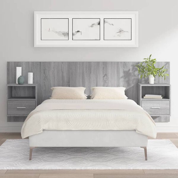 vidaXL Cabecero de cama con mesitas madera contrachapada gris Sonoma