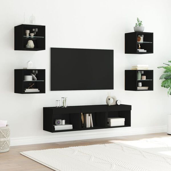 vidaXL Muebles de TV de pared con LED 7 pzas madera ingeniería negro