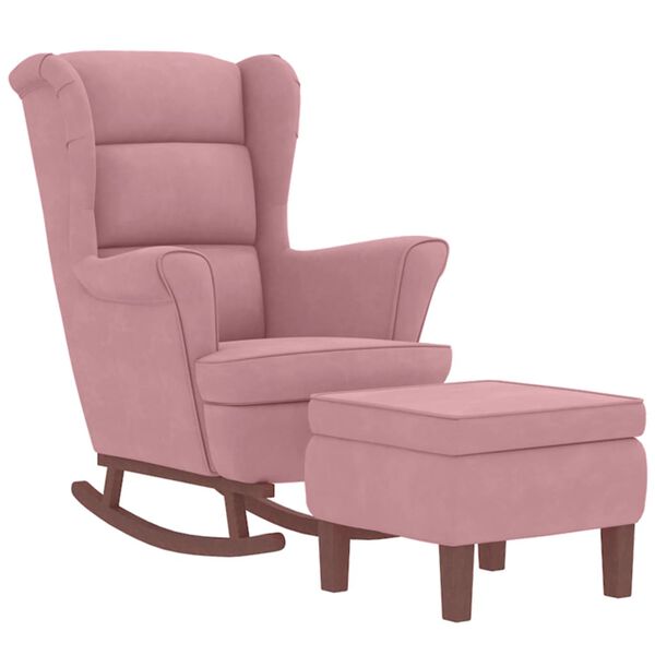 vidaXL Mecedora con respaldo alto de terciopelo rosa y madera maciza