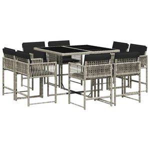 vidaXL Set comedor de jard&iacute;n 9 pzas cojines rat&aacute;n sint&eacute;tico gris claro