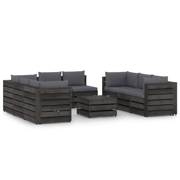 vidaXL Muebles de jard&iacute;n 9 piezas con cojines madera impregnada gris