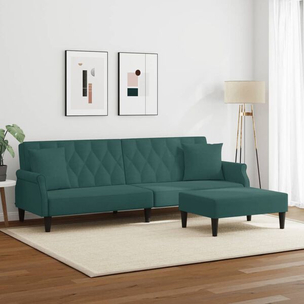 vidaXL Sof&aacute; cama 2 plazas y almohadas taburete terciopelo verde oscuro
