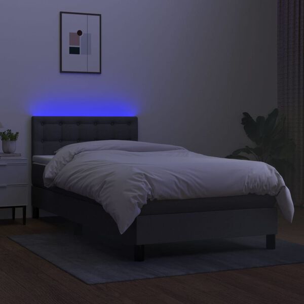 vidaXL Cama box spring colch&oacute;n y luces LED tela gris oscuro 90x190 cm
