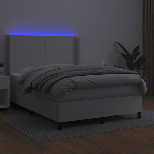 vidaXL Cama box spring colch&oacute;n y LED cuero sint&eacute;tico blanco 140x190 cm