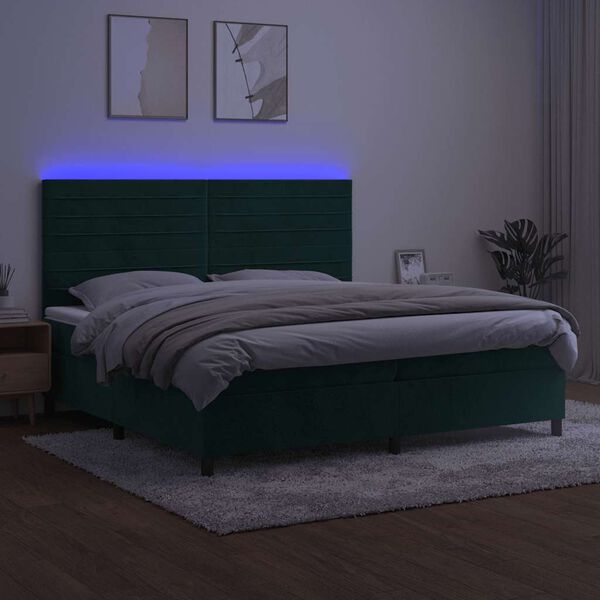 vidaXL Cama box spring colch&oacute;n y LED terciopelo verde oscuro 200x200cm
