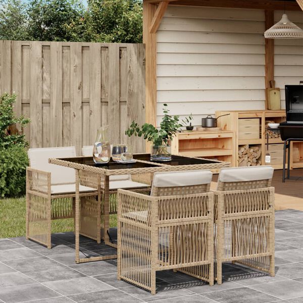 vidaXL Set comedor de jard&iacute;n 5 pzas con cojines rat&aacute;n sint&eacute;tico beige
