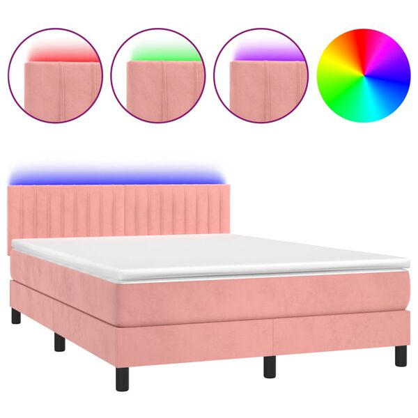 vidaXL Cama box spring colch&oacute;n y LED terciopelo rosa 140x190 cm