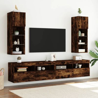 vidaXL Muebles de TV con luces LED 2 uds roble ahumado 30,5x30x90 cm