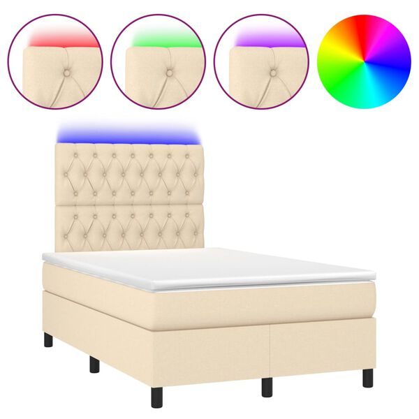 vidaXL Cama box spring con colch&oacute;n y LED tela crema 120x200 cm