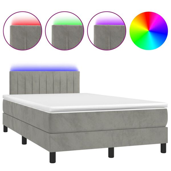 vidaXL Cama box spring colch&oacute;n y LED terciopelo gris claro 120x200 cm