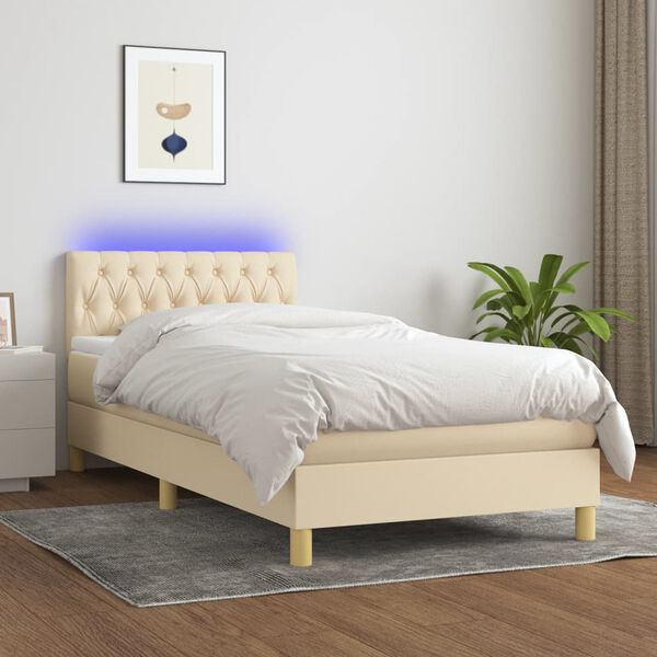 vidaXL Cama box spring con colch&oacute;n y LED tela crema 90x190 cm