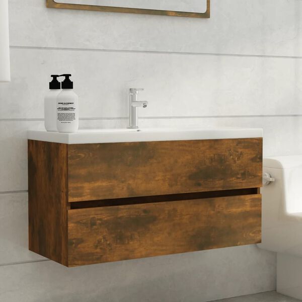 vidaXL Mueble lavabo madera contrachapada roble ahumado 90x38,5x45cm