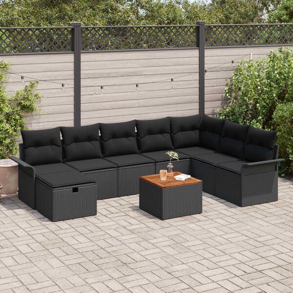 vidaXL Conjunto de sof&aacute;s de jard&iacute;n 9 pcs Negro rat&aacute;n sint&eacute;tico