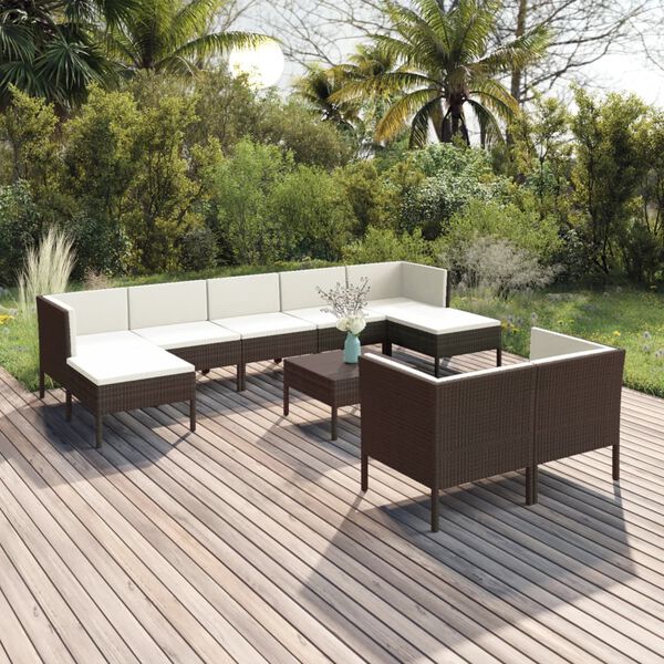 vidaXL Set muebles de jard&iacute;n 10 pzas y cojines rat&aacute;n sint&eacute;tico marr&oacute;n