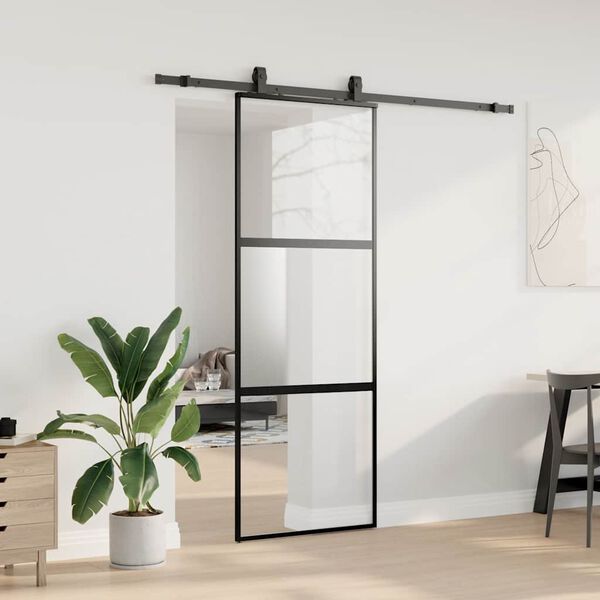 vidaXL Puerta corredera con herrajes negro 76x205 cm vidrio templado