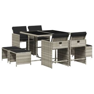 vidaXL Set comedor de jard&iacute;n 9 pzas cojines rat&aacute;n sint&eacute;tico gris claro