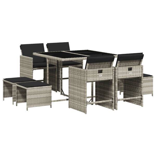 vidaXL Set comedor de jard&iacute;n 9 pzas cojines rat&aacute;n sint&eacute;tico gris claro