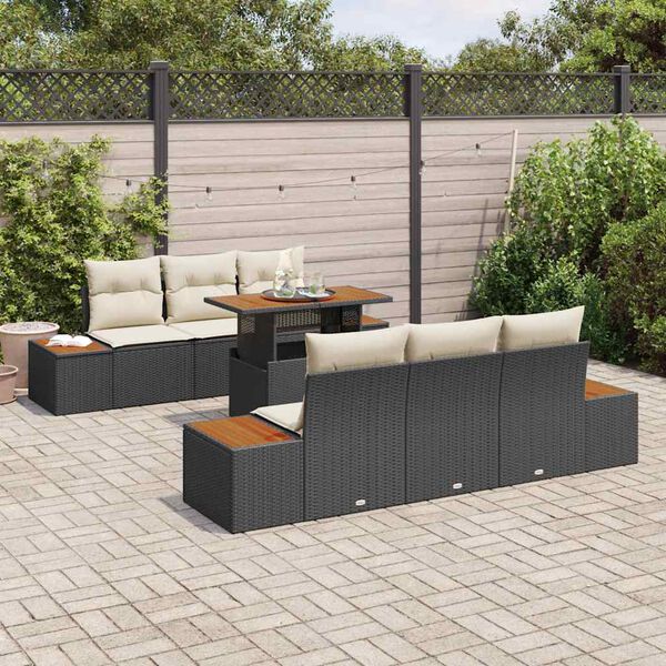 vidaXL Conjunto de sof&aacute; de jard&iacute;n 7 pcs Negro Polirat&aacute;n