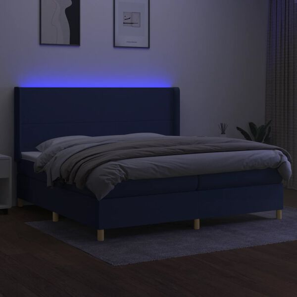 vidaXL Cama box spring colch&oacute;n y luces LED tela azul 200x200 cm