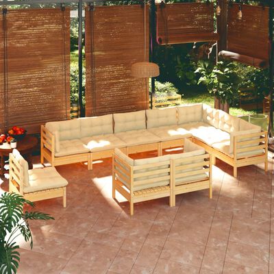 vidaXL Muebles de jardín 10 pzas y cojines madera maciza de pino crema